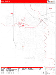 Grand Forks Wall Map Zip Code Red Line Style 2024